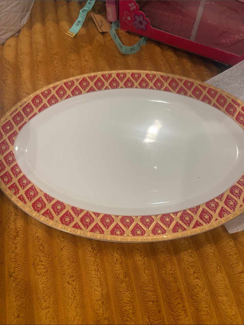 Elegant red and Gold Oval Serving Platter plus 5 dinning table setting plus more